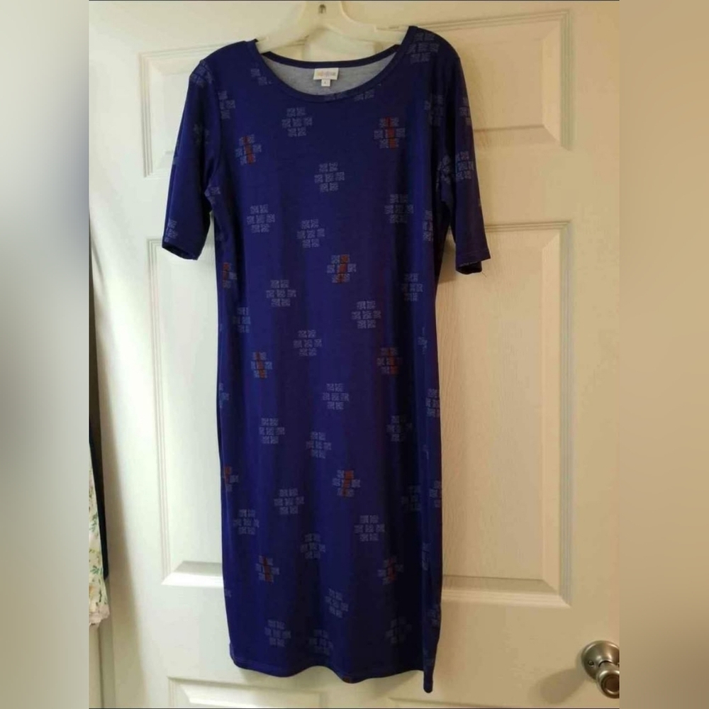 LuLaRoe Blue Sheath Dress 3/4 Sleeve Crew Neck